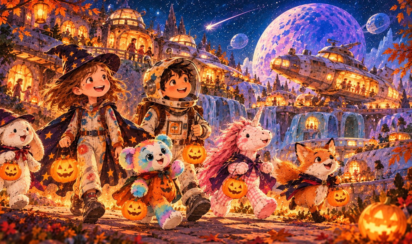 Ágata, Rayo Veloz y sus compañeros disfrazados para Halloween, con calabazas iluminadas